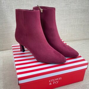 Crown and Ivy NEW Womens Wine Suede Pointed Toe Block Heel Ankle Boots Size 9